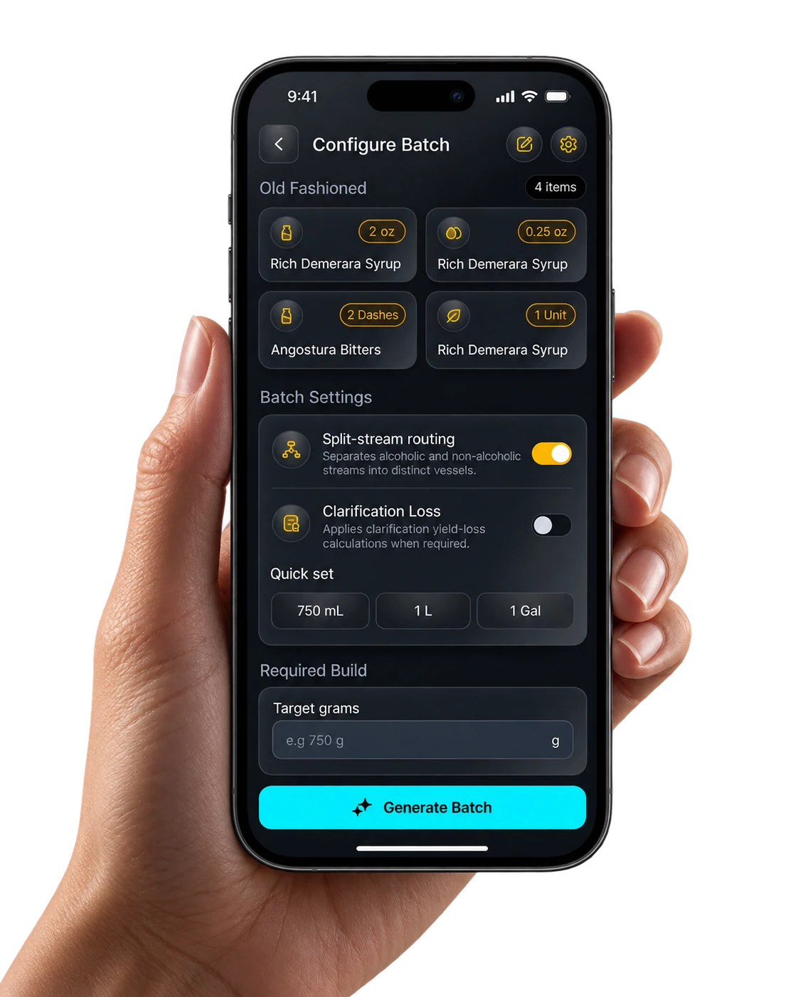 TareFlow app on a phone showing the Configure Batch screen for an Old Fashioned