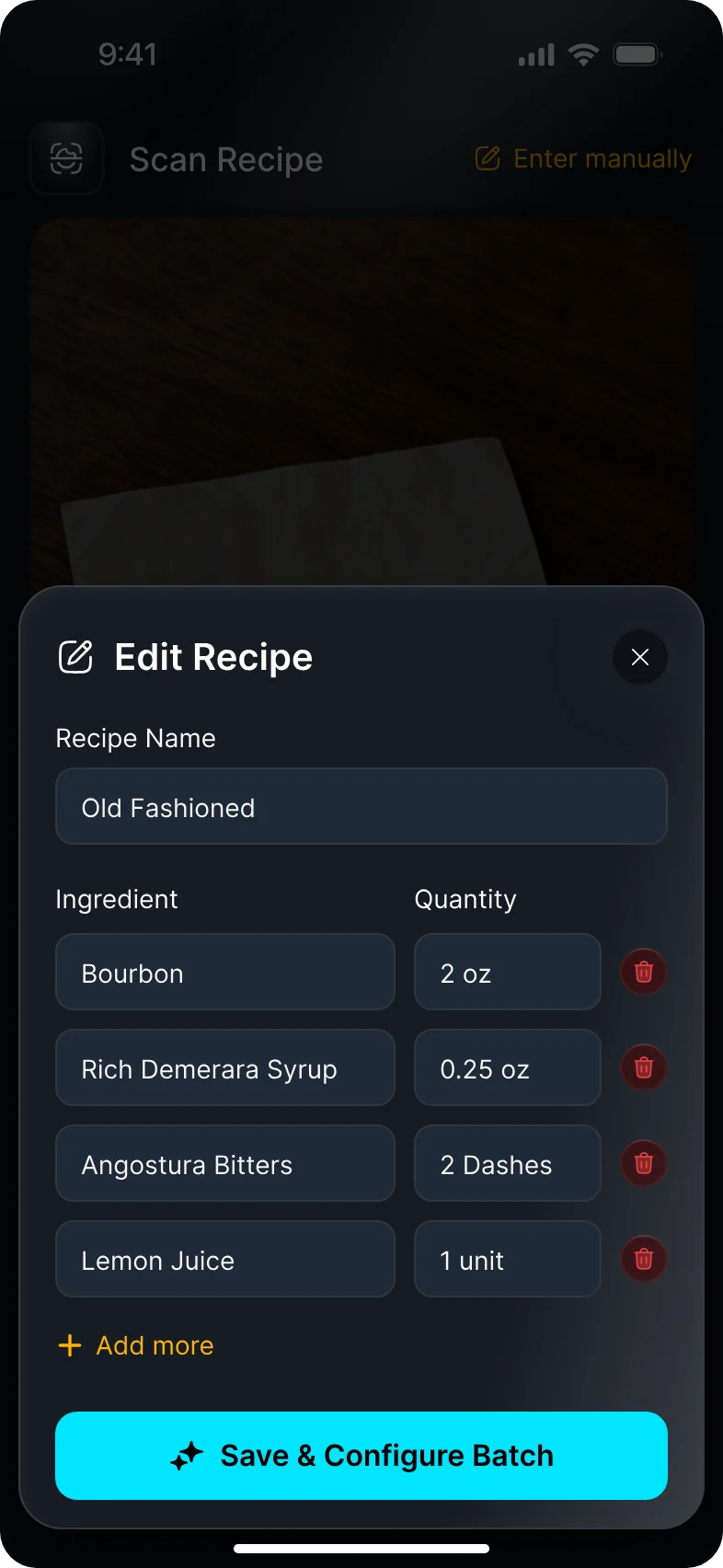 Edit Recipe screen listing ingredients and quantities