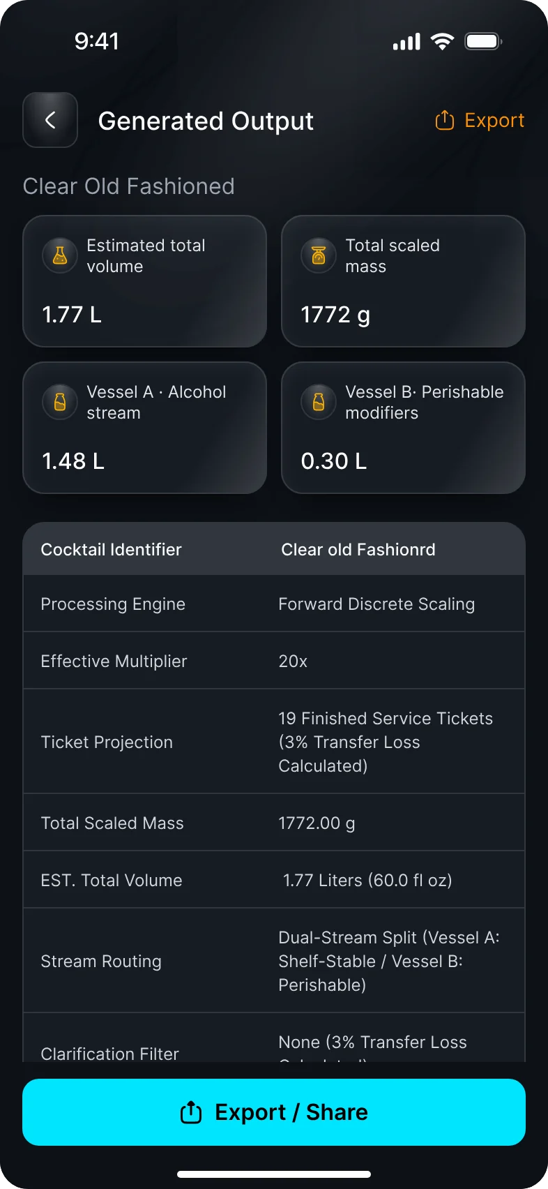 Generated Output screen with batch volume, mass and vessel split